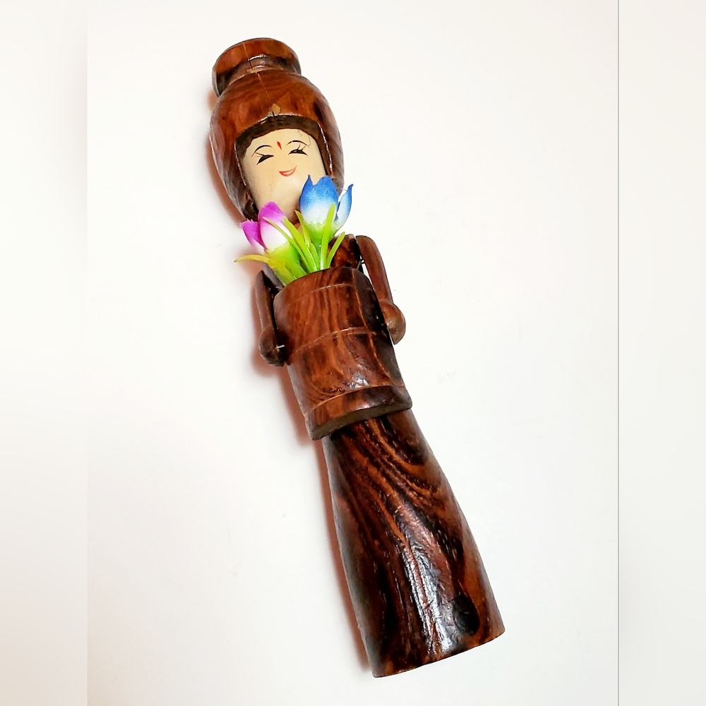 Vintage 9" Wooden Thai Doll Folk Art Kokeshi Doll Holding Bucket of Flowers
